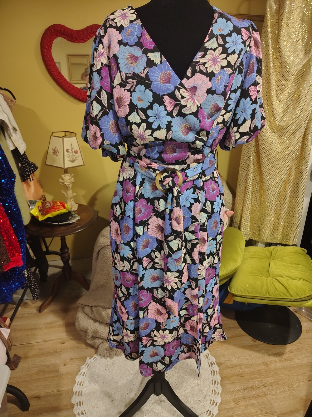 Nicole Miller Black Floral Wrap Belt Midi Dress with Pink, Purple & Blue Blooms